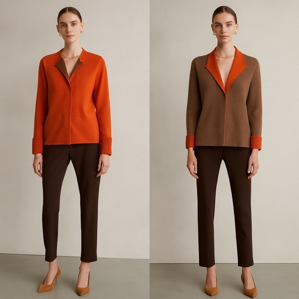 NEW Akris Reversible Brown Orange Cuffed 100% Cashmere Jacket